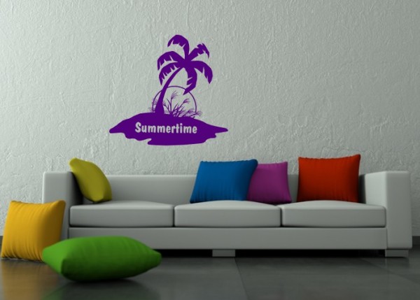 Wandtattoo Insel mit Palme und Gräsern im Sonnenuntergang | wandtattooladen.de